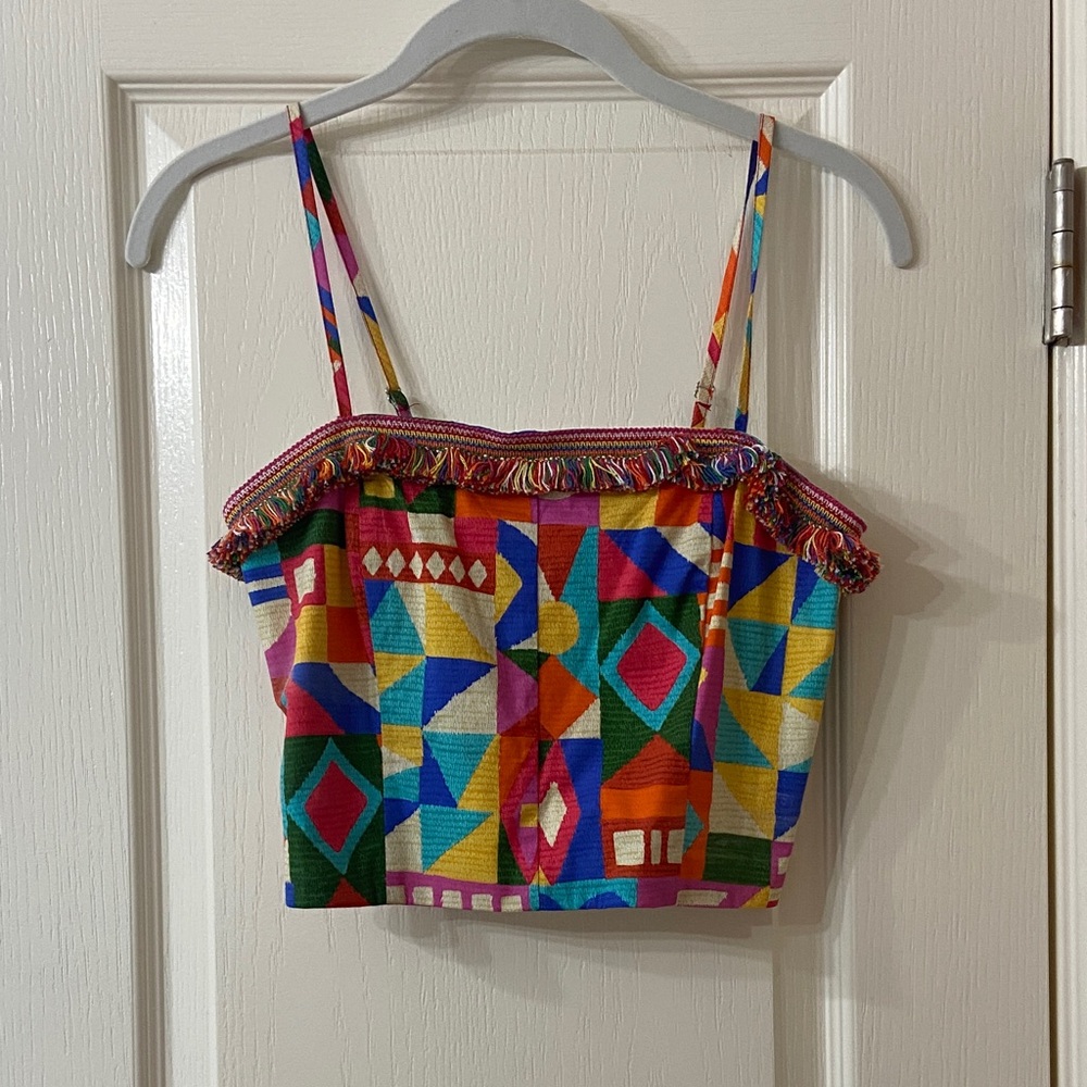 ANTONIO MELANI Multicolor Geometric Fringe Trim Spaghetti Strap Crop Top
